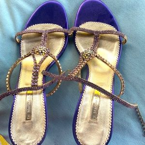 Purple 2 inch heel sandals, bejeweled with crystals